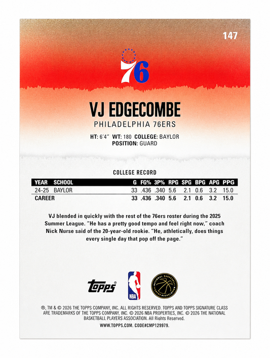 2026 Topps Signature Class VJ Edgecombe Red Lava Rookie RC SSP /25 #147